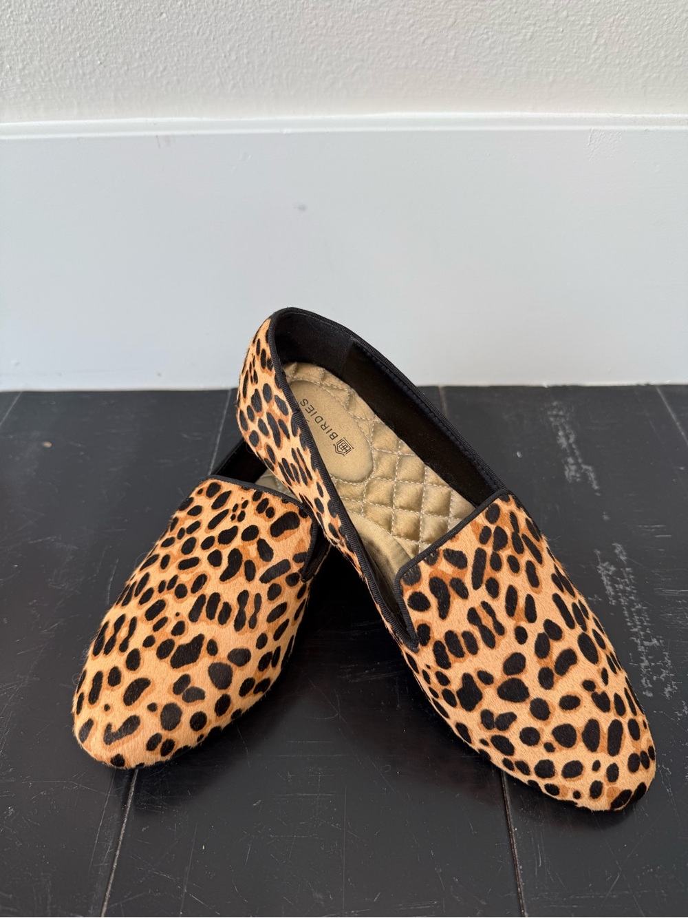 Birdies Starling Cheetah Print Calf Hair Slip-On Flats in Tan and Black